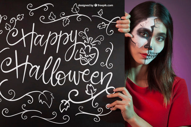 Free Halloween Mockup With Woman Behind Blackboard Psd