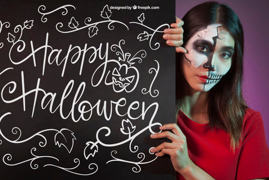 Free Halloween Mockup With Woman Behind Blackboard Psd