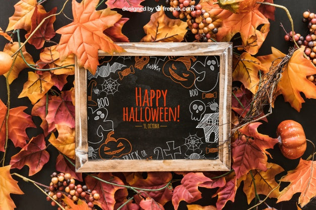 Free Halloween Slate Mockup On Leaves Psd