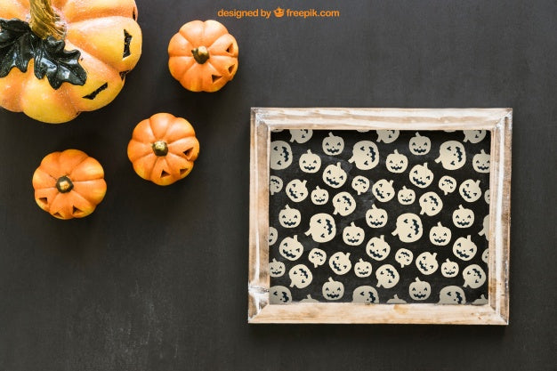 Free Halloween Slate Mockup With Four Pumpkins Psd