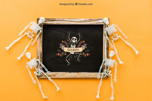 Free Halloween Slate Mockup With Small Skeletons Psd