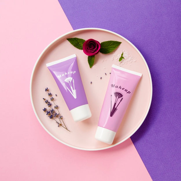 Free Hand Cream Bottles Mock-Up On Bicolored Background Psd