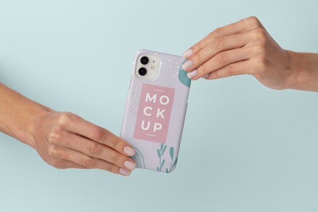 Free Hands Holding Smartphone With Mock-Up Phone Case Psd