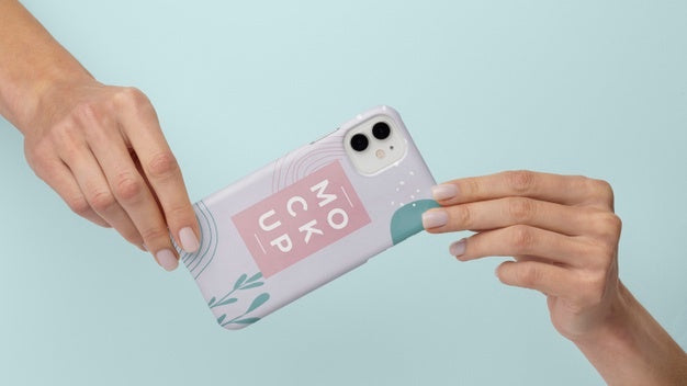 Free Hands Holding Smartphone With Mock-Up Phone Case Psd