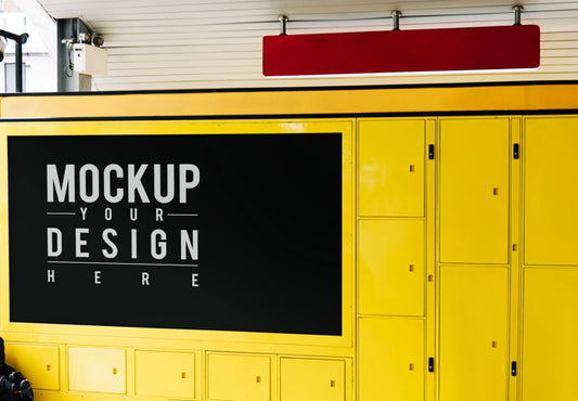 Free Hanging Red Sign Mockup Above Yellow Luggage Locker Psd