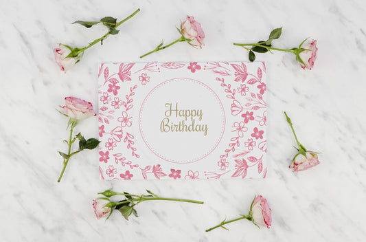 Free Happy Birthday Mock-Up And Roses Psd