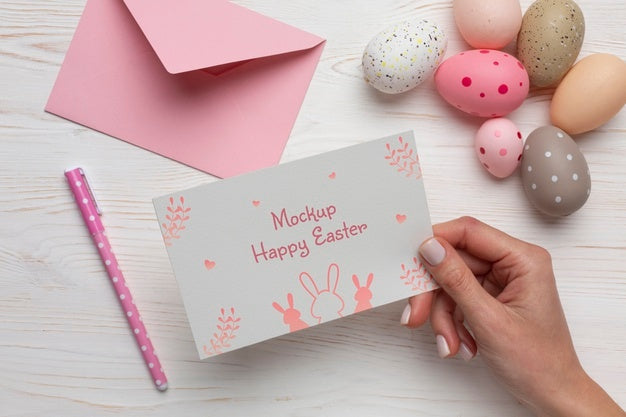 Free Happy Easter Card Mockup Design With Easter Eggs Psd