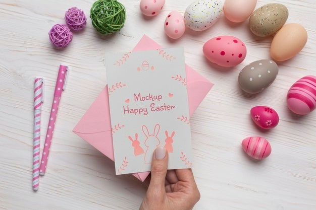 Free Happy Easter Card Mockup Design With Easter Eggs Psd