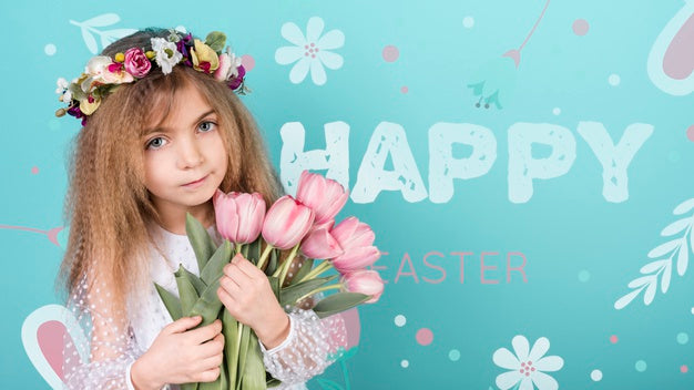 Free Happy Easter Day Mockup With Girl And Flowers Psd