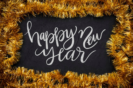 Free Happy New Year Handwriting Lettering Surrounded My Tinsel Psd