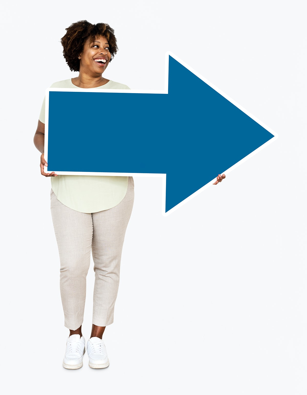 Free Happy Woman Holding A Blue Arrow