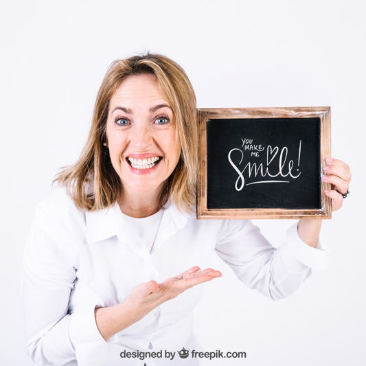 Free Happy Woman Presenting Slate Psd