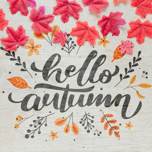Free Hello Autumn Calligraphy With Pink Dried Leaves Psd