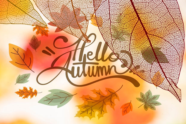 Free Hello Autumn Lettering With Translucent Leaves Psd