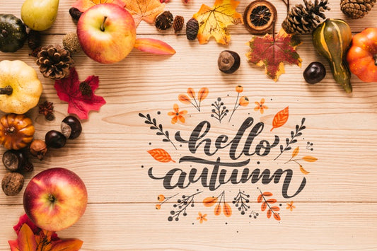 Free Hello Autumn Quote With Leaves And Apples Psd