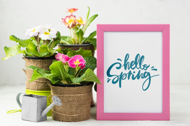 Free Hello Spring Mockup With Flowers Psd