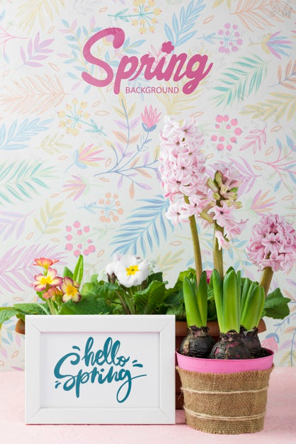 Free Hello Spring Mockup With Flowers Psd