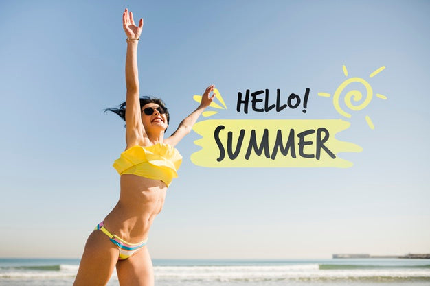 Free Hello Summer Jumping Girl Mockup Psd