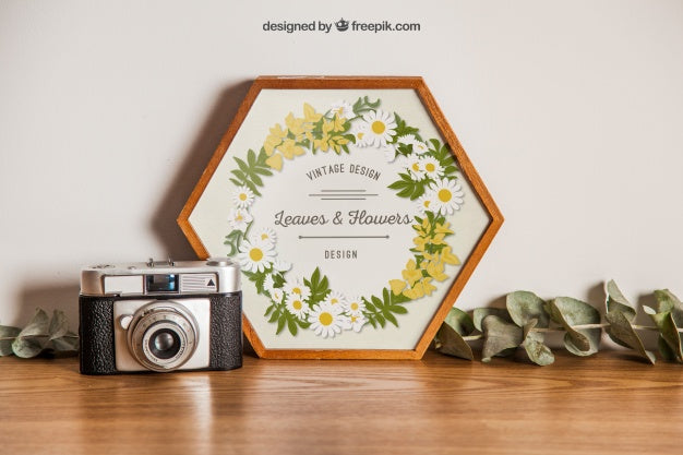 Free Hexagonal Frame Mockup With Camera Psd