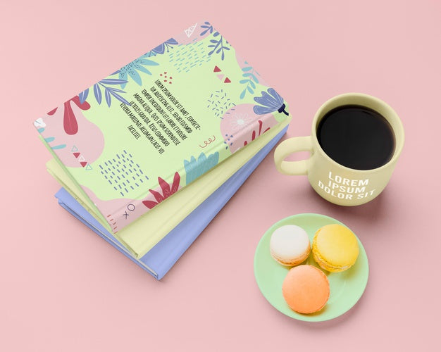 Free High Angle Books With Macarons And Coffee Psd