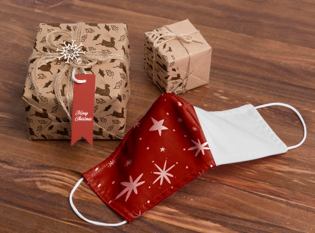 Free High Angle Christmas Presents And Mask Psd