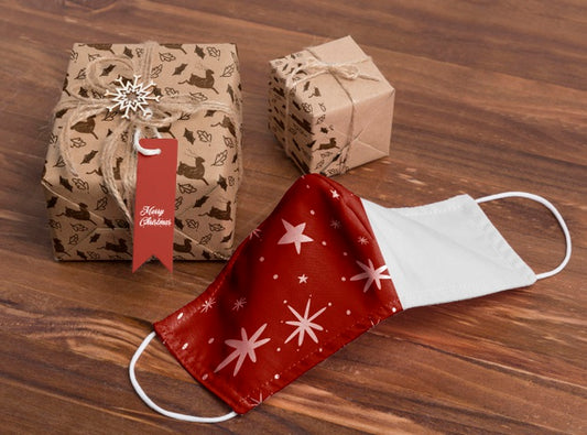 Free High Angle Christmas Presents And Mask Psd