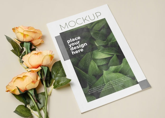 Free High Angle Magazine And Beautiful Flowers Psd