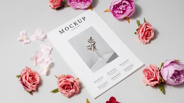 Free High Angle Magazine And Flowers Mockup Psd