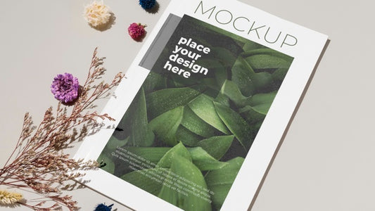 Free High Angle Magazine And Flowers Psd