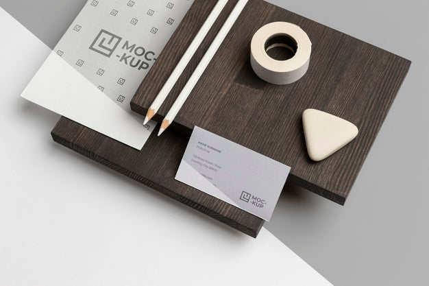 Free High Angle Mock-Up Stationery On Wood Composition Psd