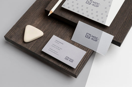 Free High Angle Mock-Up Stationery On Wood Composition Psd