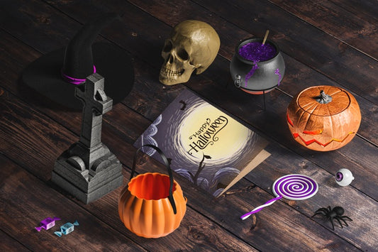 Free High Angle Of Halloween Scene Creator On Wooden Table Psd