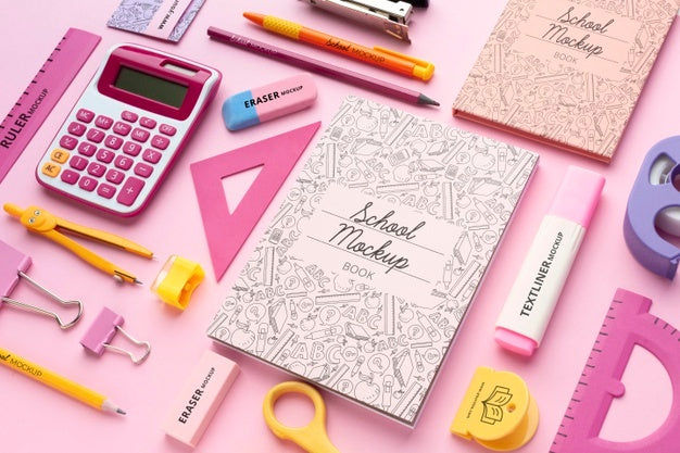 Free High Angle Of School Supplies Collection Mock-Up Psd