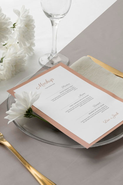 Free High Angle Of Spring Menu Mock-Up On Plate With Cutlery And Flowers Psd