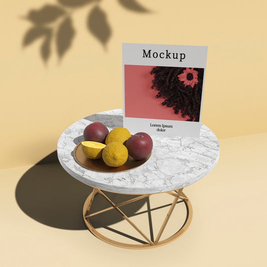 Free High Angle Of Table With Card And Fruit Psd