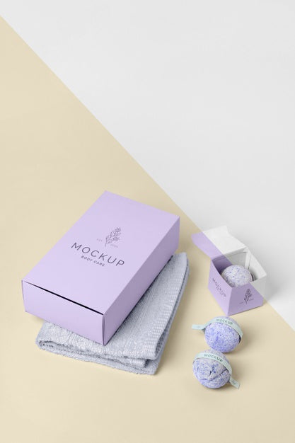 Free High Angle Purple Box, Bath Bombs And Towel Psd