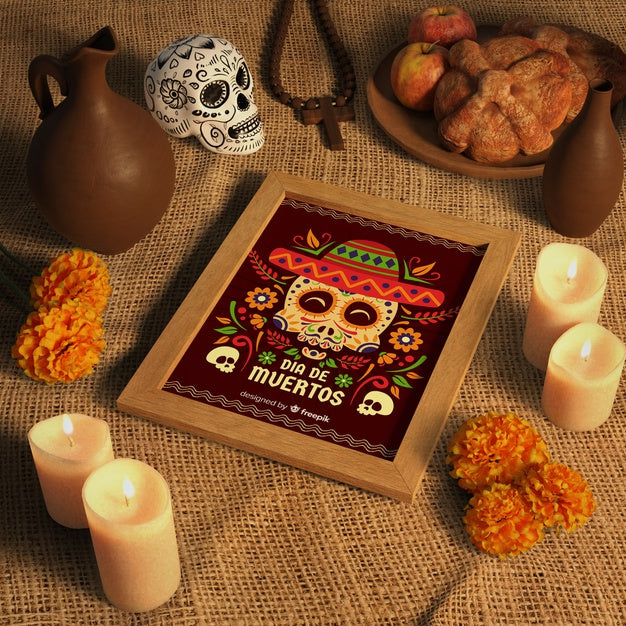 Free High View Dia De Muertos Mock-Up With Skull Psd