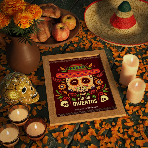 Free High View Shot Of Dia De Muertos Mock-Up With Skull Psd