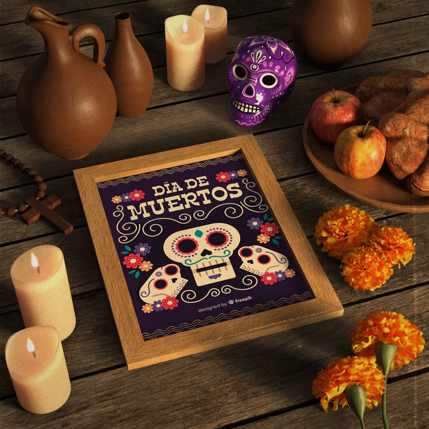 Free High View Shot Of Dia De Muertos Mock-Up With Skull Psd