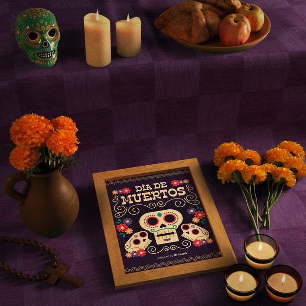 Free High View Shot Of Dia De Muertos Mock-Up With Skull Psd