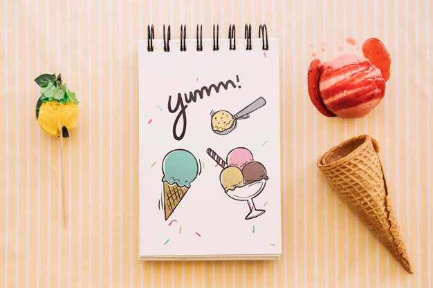 Free Ice Cream Mockup With Notepad Psd