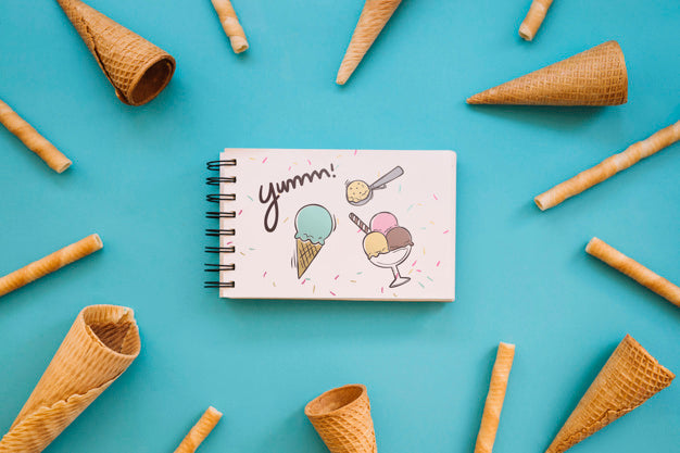 Free Ice Cream Mockup With Notepad Psd