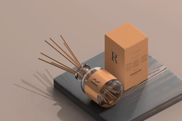 Free Incense Air Freshener Reed Diffuser Glass Bottle With Box Mockup Psd