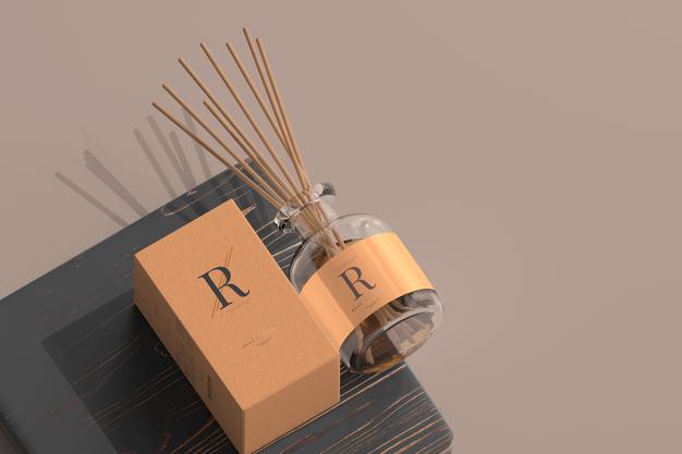 Free Incense Air Freshener Reed Diffuser Glass Bottle With Box Mockup Psd