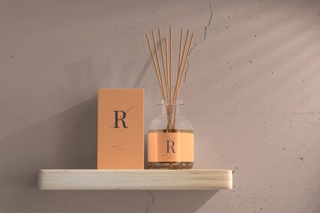 Free Incense Air Freshener Reed Diffuser Glass Bottle With Box Mockup Psd