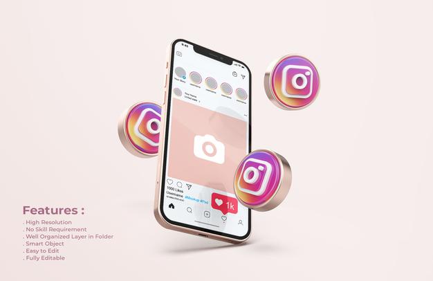Free Instagram On Rose Gold Mobile Phone Mockup Psd
