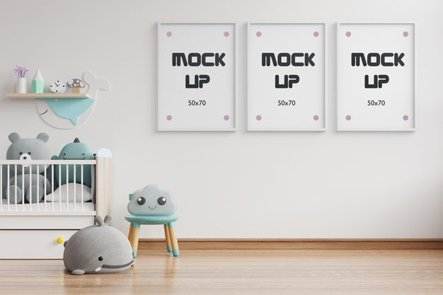 Free Interior Mockup, Kids Room, Wall Frame Mockup 3D Rendering Psd