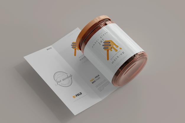 Free Jar With Bi-Fold Brochure Mockup Psd