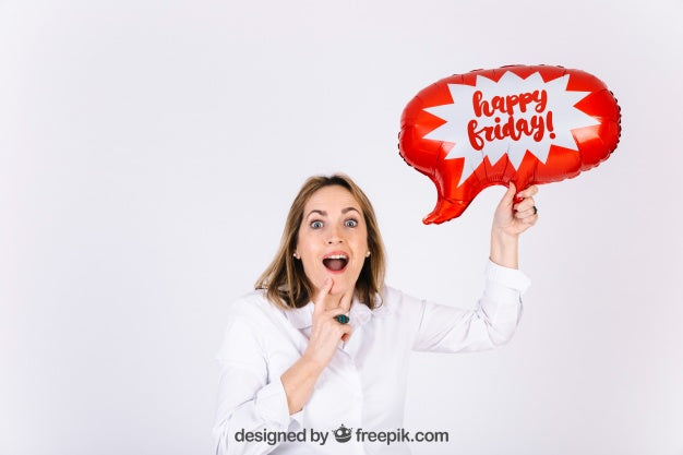 Free Joyful Woman With Speech Bubble Balloon For Event Psd