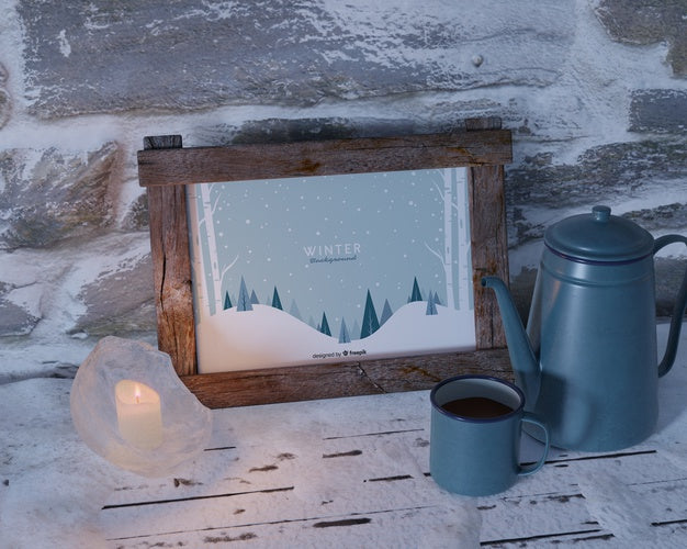 Free Kettle With Tea Beside Frame Mock-Up Psd